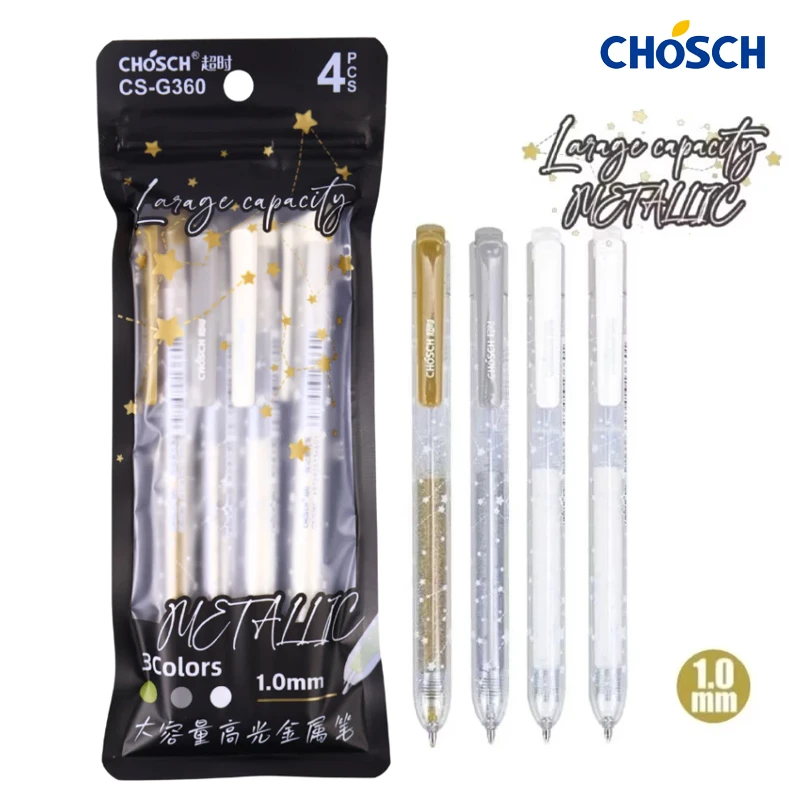 CHOSCH Roll Metallic Long Capacity Gel Pen 1.0 mm Tip 3 Colors 4 Pens , Suitable For Writing On Paper, Especially Black Paper (CS-G360)